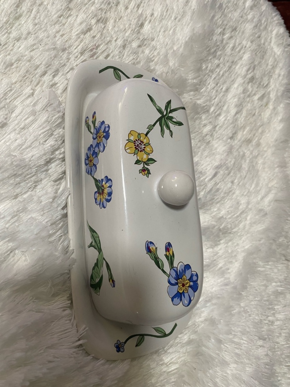 White Floral Ceramic Butter Dish with Blue and Yellow Flowers